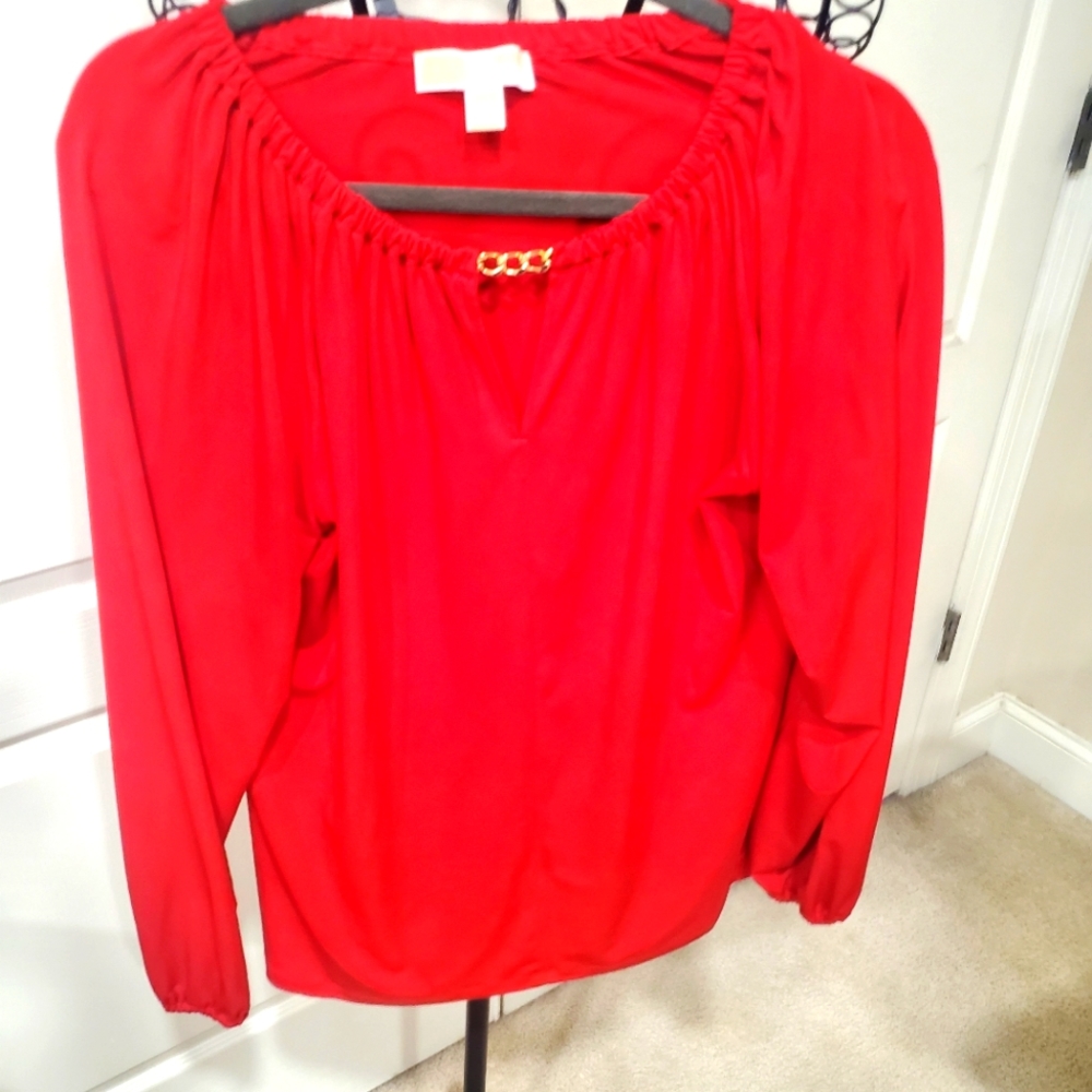 Michael Kors Medium Red Long Sleeve Shirt With Gold Chain Detail